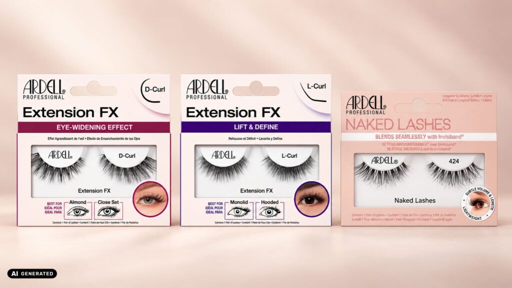 Изкуствени мигли ARDELL Extension FX D Curl, L Curl и Naked Lashes 424 в опаковки върху розово-бежов фон.