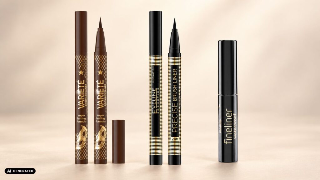 Очни линии Eveline Variété Brown, Eveline Precise Brush Liner и Pierre Cardin Fineliner върху бежов фон.