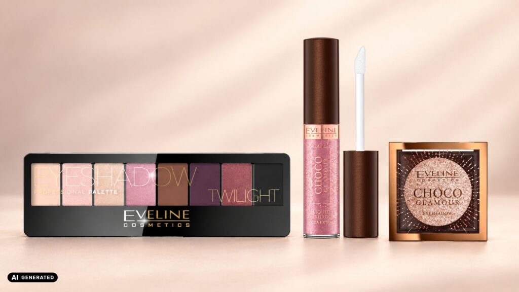 Палитра сенки Eveline Twilight, течни сенки Choco Glam с отворен апликатор и блестящи моно сенки върху бежов фон.